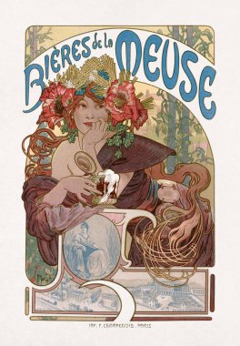 Alphonse Mucha 'nın renkli taş baskı posteri Bieres de la Meuse' nin reklamını yapıyor..