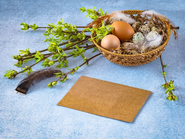 Easter background with a basket of chicken and quail eggs, feathers, green branches and an envelope on a blue background. Place for text, top view