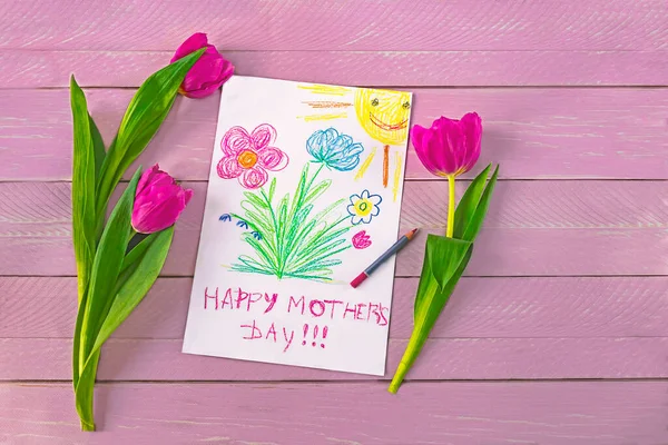 Children Drawing Mother Day Greetings Purple Tulips Pencils Paper Pink — Stock Photo, Image