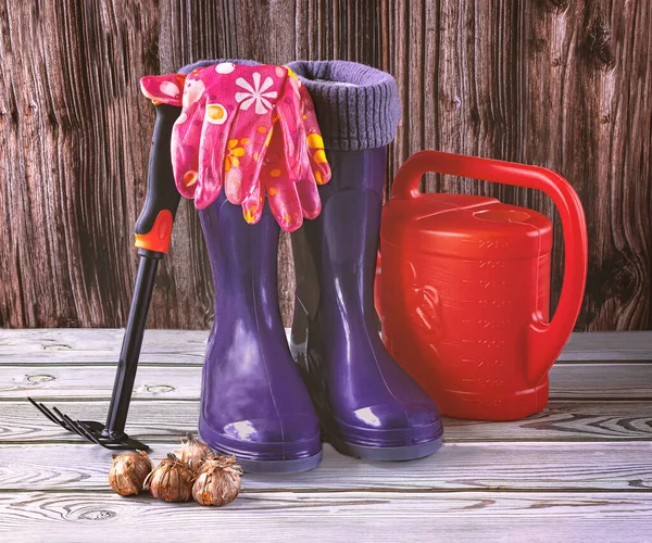 Blue rubber boots, orange watering can, gloves, seeds and rake on wooden background. Gardening and seasonal agricultural work concept.