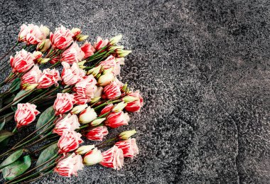 Kırmızı ve beyaz Eustoma çiçekleri, kırmızı kurdele, koyu beton arka planda beyaz zarf. Metin için yer, üst görünüm