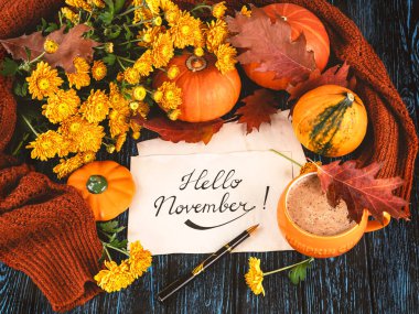 Kraft kağıdına, kaleme, bir fincan kahveye, balkabağına, renkli eşarba, sonbahar yapraklarına, ahşap arka planda sarı kasımpatı çiçeklerine merhaba diyor.