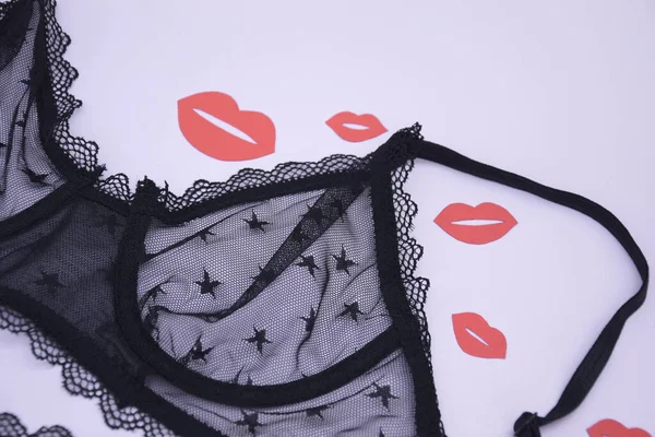 Lace Sexy Black Women Underwear Red Kisses Light Background Black — Stock Photo, Image