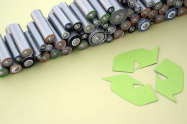 Kullanılmış AA bataryalar ve çevresel atık ve yeşil arka planda toprak toksik bataryalar. Zararlı ve geri dönüşümlü nesnelerin işlenmesi kavramı.