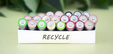 Kullanılmış AA bataryalar ve çevresel atık ve yeşil arka planda toprak toksik bataryalar. Zararlı ve geri dönüşümlü nesnelerin işlenmesi kavramı.