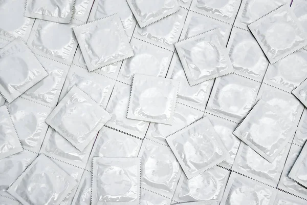 Many White Packages Unopened Condoms Background Using Condom Reduce Chance — ストック写真