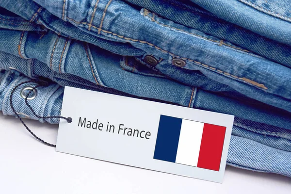 Détail Jeans Bleus Étiquette Lettrage Made France Concept Achat Vente — Photo