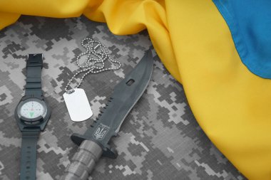 Piksel kamuflaj arka planında mızrak olan askeri bıçak ve etiket. Ukrayna 'da Savaş.