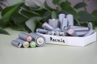 Kullanılmış AA bataryalar ve çevresel atık ve yeşil arka planda toprak toksik bataryalar. Zararlı ve geri dönüşümlü nesnelerin işlenmesi kavramı.