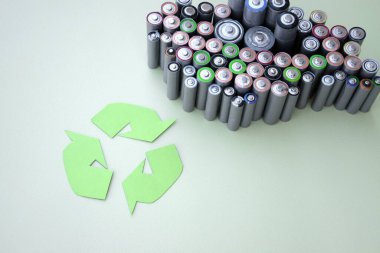 Kullanılmış AA bataryalar ve çevresel atık ve yeşil arka planda toprak toksik bataryalar. Zararlı ve geri dönüşümlü nesnelerin işlenmesi kavramı.