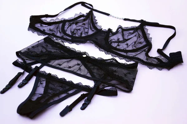 Lace Sexy Black Womens Underwear Light Background Black Lace Lingerie — Fotografia de Stock