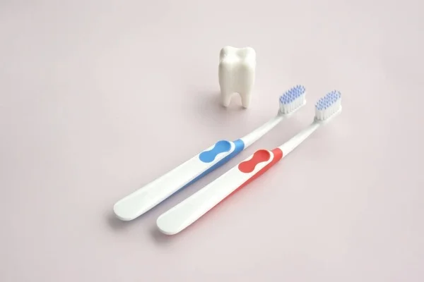 Toothbrushes Small Figure Tooth Light Background Dental Health Concept — Stock Photo, Image
