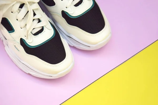 Bright Female Sneakers Pink Yellow Background Fashion Blog Magazine Concept —  Fotos de Stock