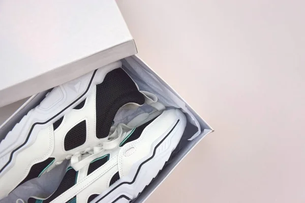Bright Female Sneakers White Box Light Pink Background Fashion Blog — 스톡 사진