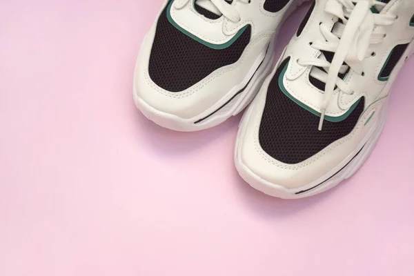 Bright Female Sneakers Light Pink Background Fashion Blog Magazine Concept — Zdjęcie stockowe