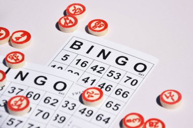 Masa başı bingo ya da loto oynamak için arka planda numaraları ve kartları olan bir sürü tahta fiş. Rus Lotosu 'nun dünya çapında klasik bingo oyunlarına benzer kuralları vardır..