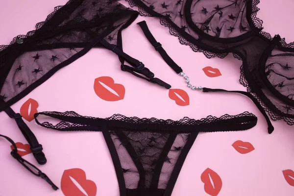 Lace Sexy Black Women Underwear Red Kisses Light Background Fashion — Stock Photo, Image