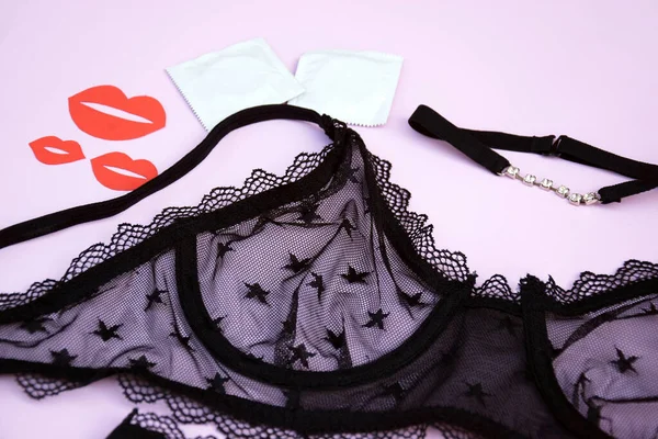 Lace Sexy Black Women Underwear Red Kisses Light Background Fashion — Stock Photo, Image