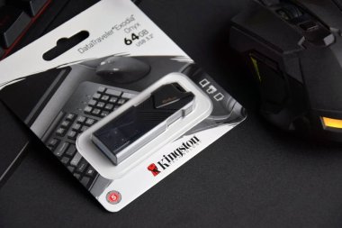 Kharkiv, Ukrayna, 11 Temmuz 2023: Kingston 64Gb USB flash disk veri depolama aygıtı.