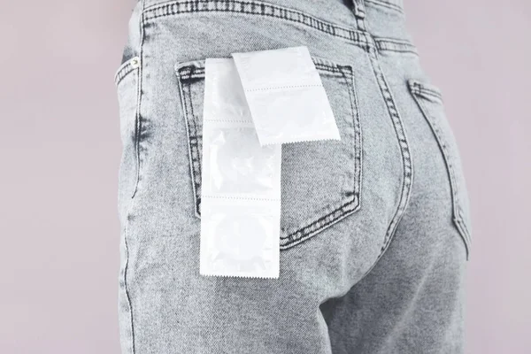 Condoms Jeans Pocket Prevent Infection World Aids Day Concept Sexual — Stock Photo, Image
