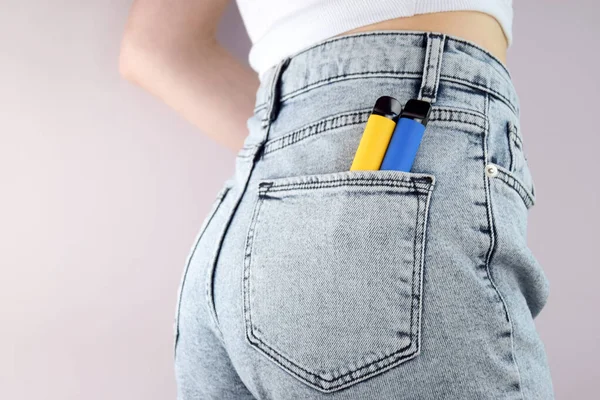 Set Multi Color Disposable Electronic Cigarettes Jeans Pocket Concept Modern — Stock Photo, Image