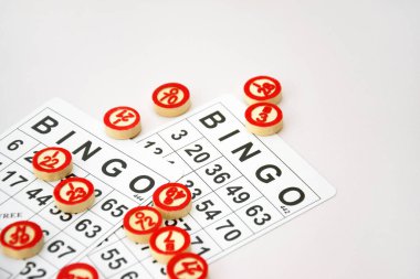 Masa başı bingo ya da loto oynamak için arka planda numaraları ve kartları olan bir sürü tahta fiş. Rus Lotosu 'nun dünya çapında klasik bingo oyunlarına benzer kuralları vardır..