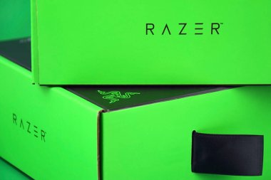 Kharkiv, Ukraine, July 06, 2023: Razer webcam and box with logo. clipart