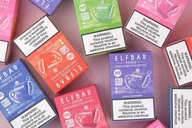 KHARKOV, UKRAINE - 17 Ağustos 2024: Zevkli bir şeye sahip birçok Elfbar kullan-at kalem.