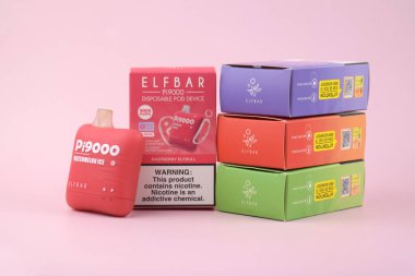 KHARKOV, UKRAINE - 17 Ağustos 2024: Zevkli bir şeye sahip birçok Elfbar kullan-at kalem.