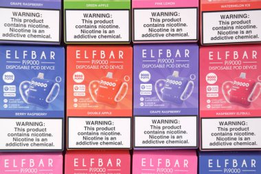 KHARKOV, UKRAINE - 17 Ağustos 2024: Zevkli bir şeye sahip birçok Elfbar kullan-at kalem.