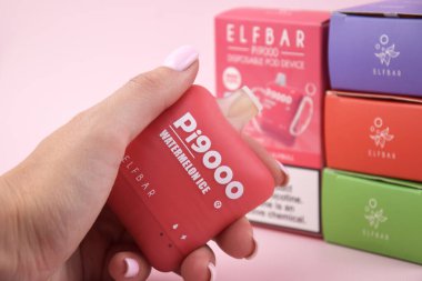 KHARKOV, UKRAINE - 17 Ağustos 2024: Zevkli bir şeye sahip birçok Elfbar kullan-at kalem.