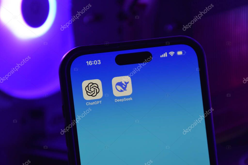 Kharkiv, Ukraine - January 28, 2025: Deepseek Ai logo is displayed on smartphone.