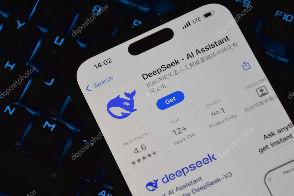 Kharkiv, Ukraine - January 28, 2025: Deepseek Ai logo is displayed on smartphone.