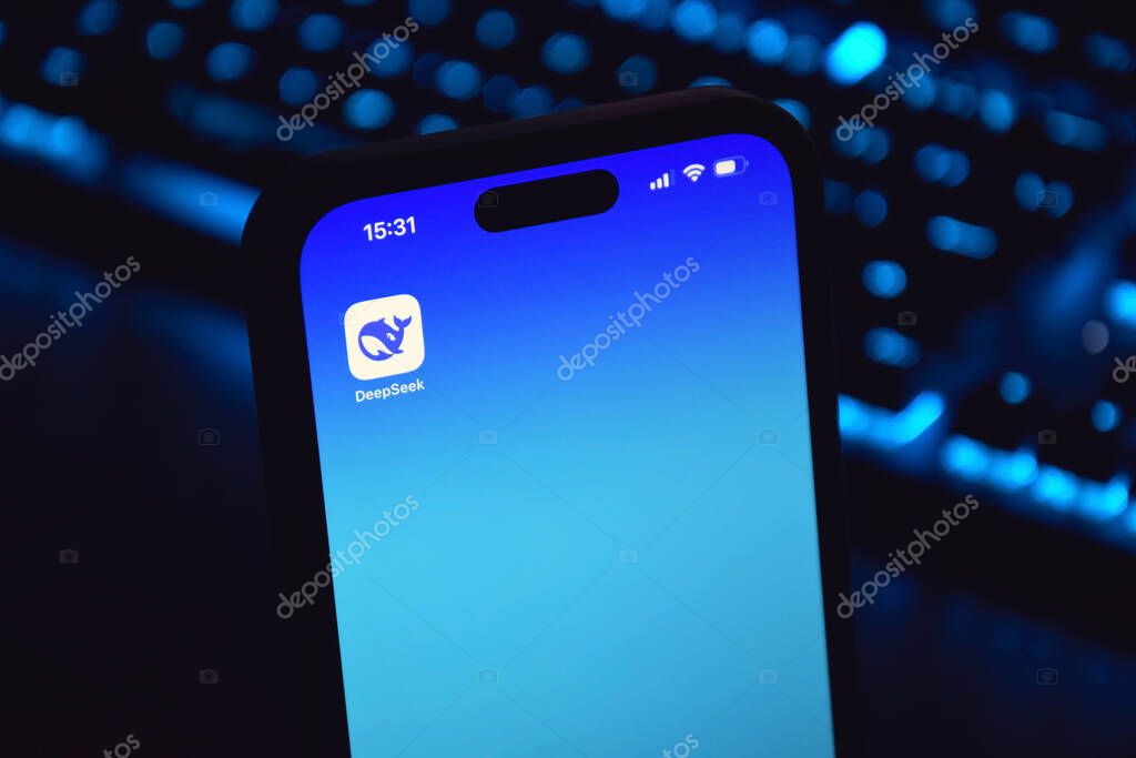 Kharkiv, Ukraine - January 28, 2025: Deepseek Ai logo is displayed on smartphone.