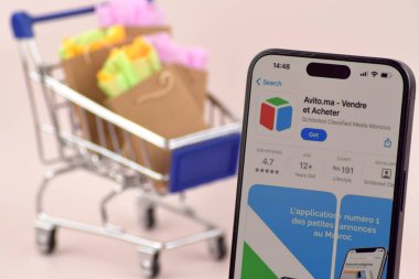 KHARKOV, UKRAINE - 18 Ağustos 2024: Akıllı telefonlu alışveriş arabası ekranda Avito uygulaması açık.