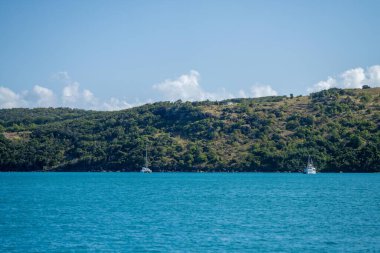 Avustralya, Queensland 'de turist tekneleri ve tur tekneleri. Büyük Set Resifi 'ndeki gezginler, mercan ve balıkların üzerinde. Gençlerin turizm yatları