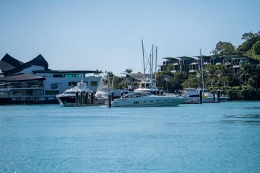 Avustralya, Queensland 'de turist tekneleri ve tur tekneleri. Büyük Set Resifi 'ndeki gezginler, mercan ve balıkların üzerinde. Gençlerin turizm yatları