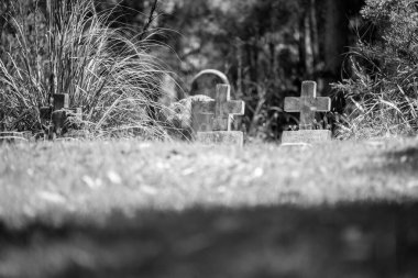 cemetery graves and cross in a graveyard in a church