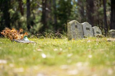 cemetery graves and cross in a graveyard in a church