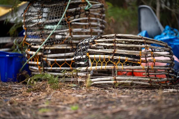 Krebskrebstöpfe Auf Der Rückseite Eines Fischerbootes Tasmania Australia — Stockfoto