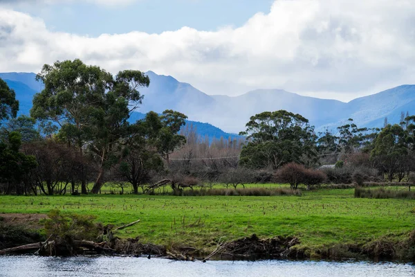春のオーストラリアの山と川のある農場 — ストック写真