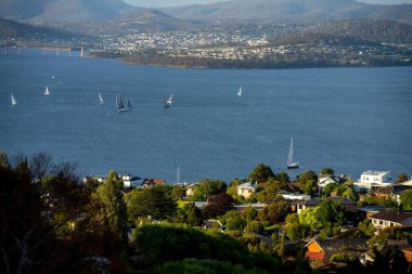 Hobart 'ta nehir kenarındaki yat yarışı bitti. Okyanusta yarışan yatlar. Avustralya 'da tekne yarışı