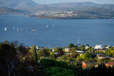 Hobart 'ta nehir kenarındaki yat yarışı bitti. Okyanusta yarışan yatlar. Avustralya 'da tekne yarışı