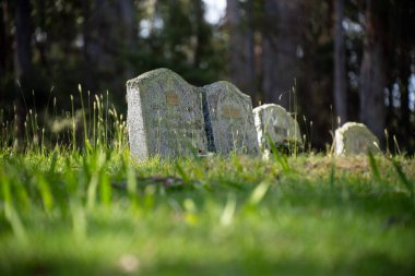 Mezarlıkta bir mezar taşı, büyük mermer mezar taşı. Etrafta başka mezarlar ve cenazeler varken