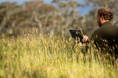 Çiftçi tarlada toprak ve bitki örneği üzerinde çalışıyor. İlkbaharda mantar arayan bir bilim adamı