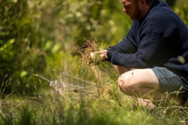 Çiftlikteki bir tarlada bir çiftçi tarlasını ekip biçmiş.