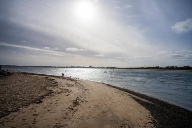 Phillip Adası 'nda alacakaranlıkta yüzen aileleri olan kumlu bir sahil. 