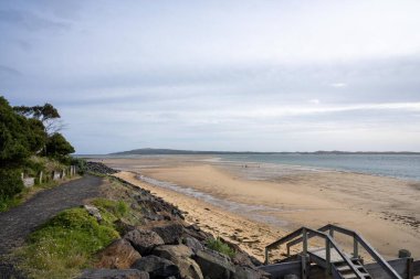 Phillip Adası 'nda alacakaranlıkta yüzen aileleri olan kumlu bir sahil. 