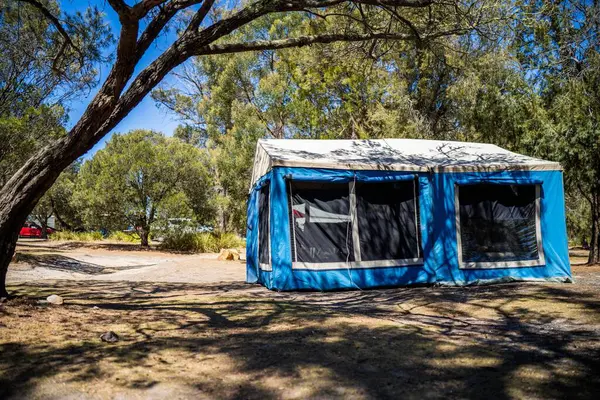 camper trailer tent set up camping in a park in the forest on a hoilday in australia in summer