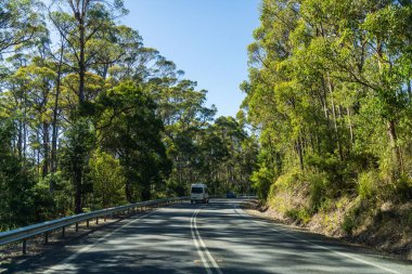 Bir karavanla gezen turist doğayı keşfediyor. Ormanda bir raod üzerinde araba sürüyor. Otoyolda araba sürüyor.